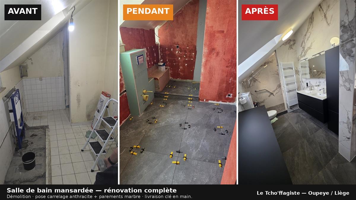 Triptyque avant-pendant-après rénovation salle de bain mansarde