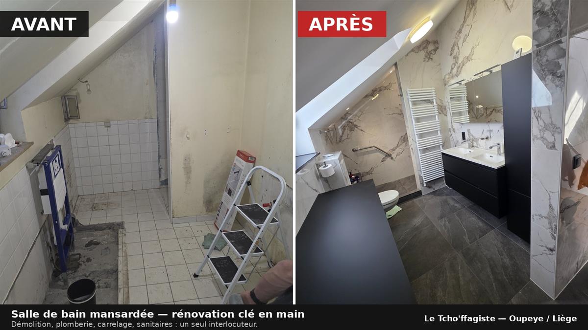 Avant/Après rénovation complète salle de bain sous combles